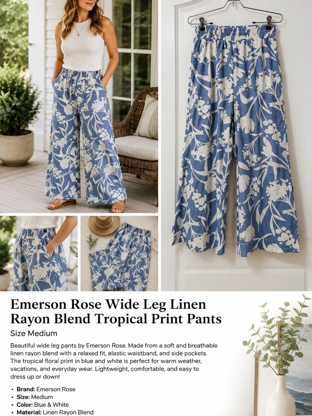 Blue & White Wide Leg Linen-Rayon Tropical Print Vacation Beach Cottagecore